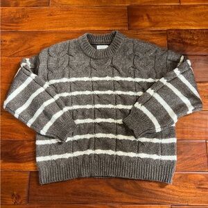 Lauren Conrad Brown and White Striped Cable Crewneck Sweater